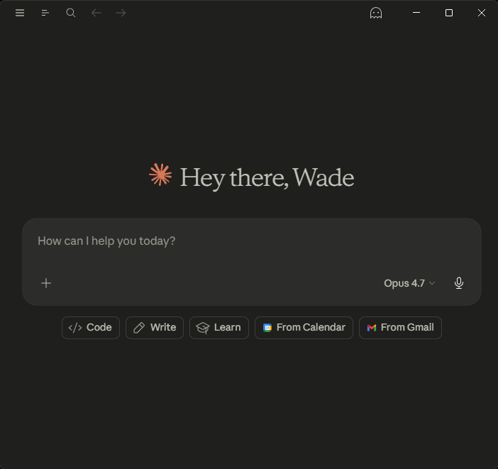 Claude Desktop just after sign-in, the greeting screen. Clean sidebar.