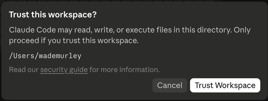 The 'Trust this workspace?' dialog naming /Users/<name> with Cancel / Trust Workspace.