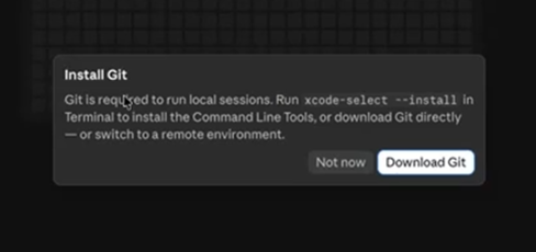 Claude's 'Install Git' modal (Git is required to run local sessions; xcode-select --install or Download Git). Only on a 