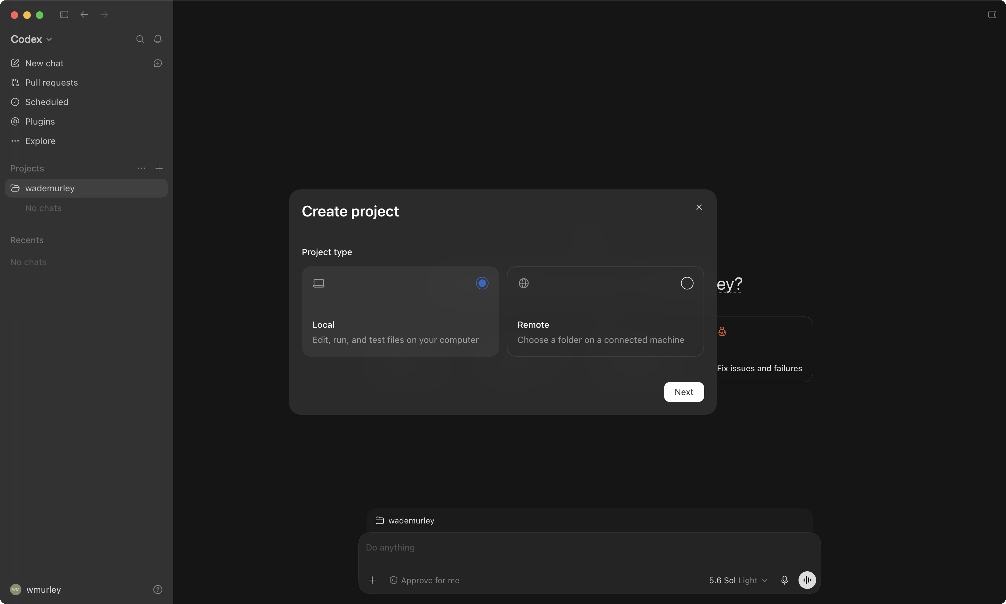 Codex selected; Projects + clicked: the Create project window on its Project type step, Local selected (not Remote), Nex