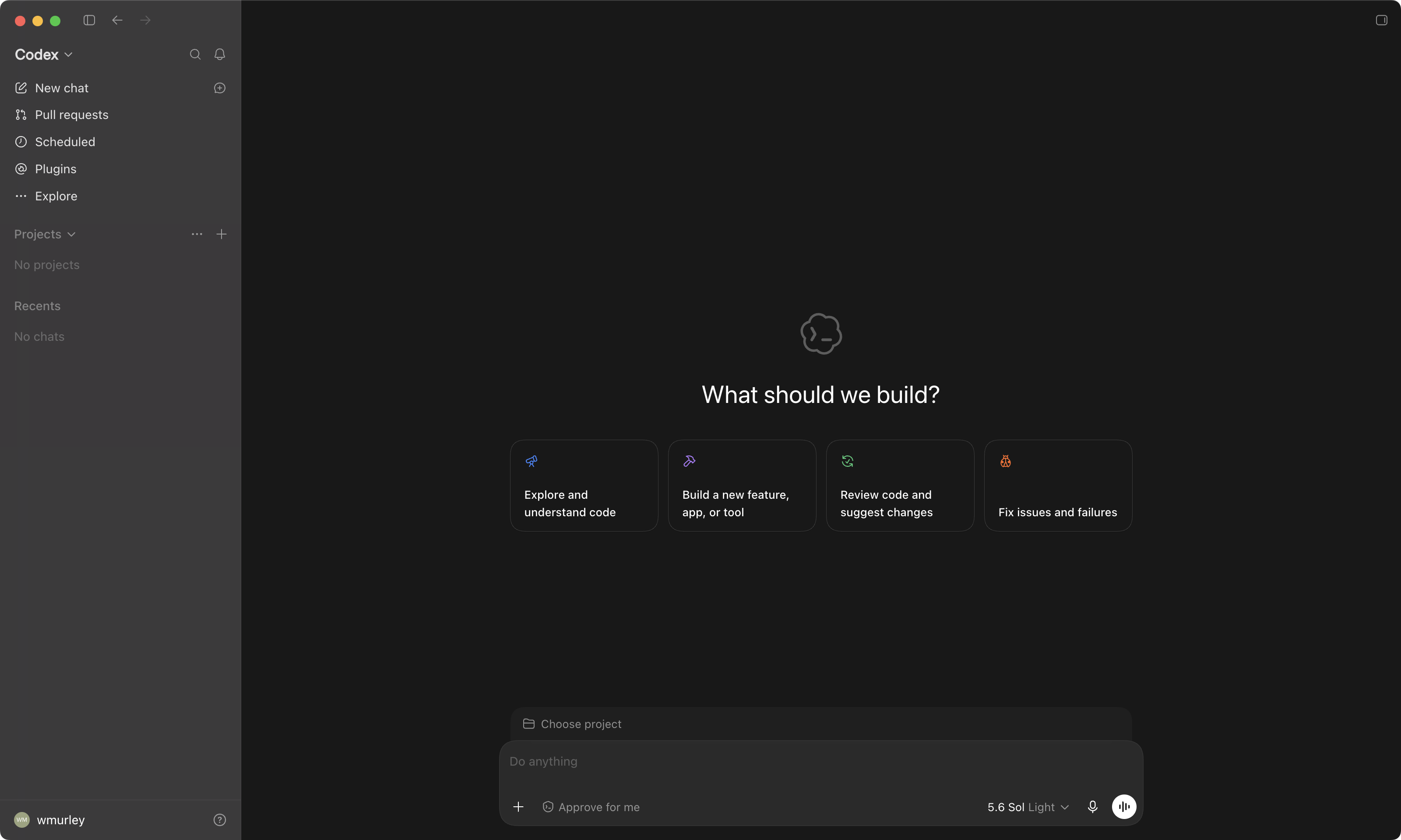 Codex on a fresh profile: sidebar Projects opened with NO projects yet and the New project control visible. This is what