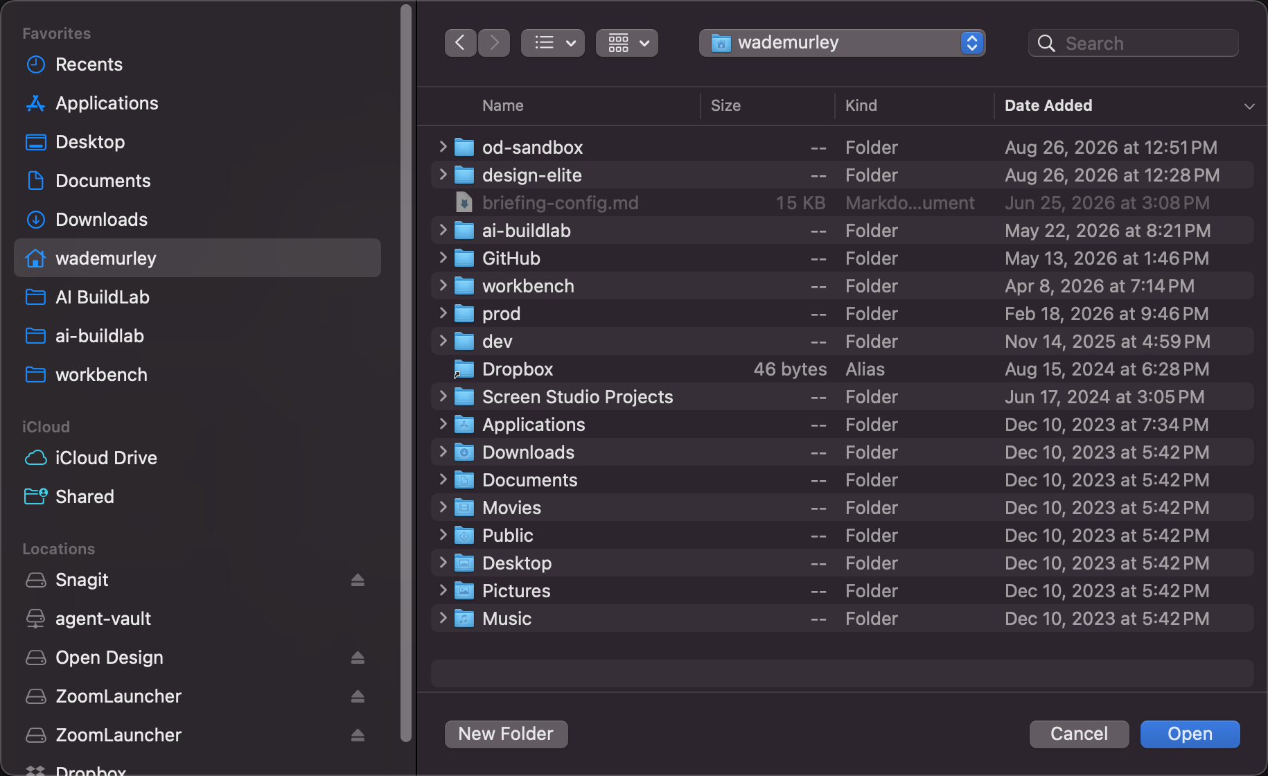 The Open panel after Cmd + Shift + H: the home folder (house icon, the username) selected in the sidebar, its contents l