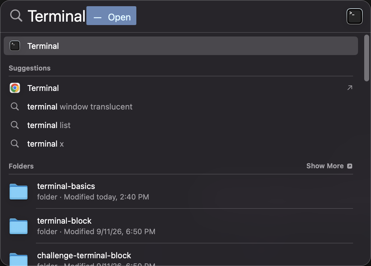 Spotlight open (Cmd + Space) with 'Terminal' typed and the Terminal app as the top hit, before Enter. The way every Mac 