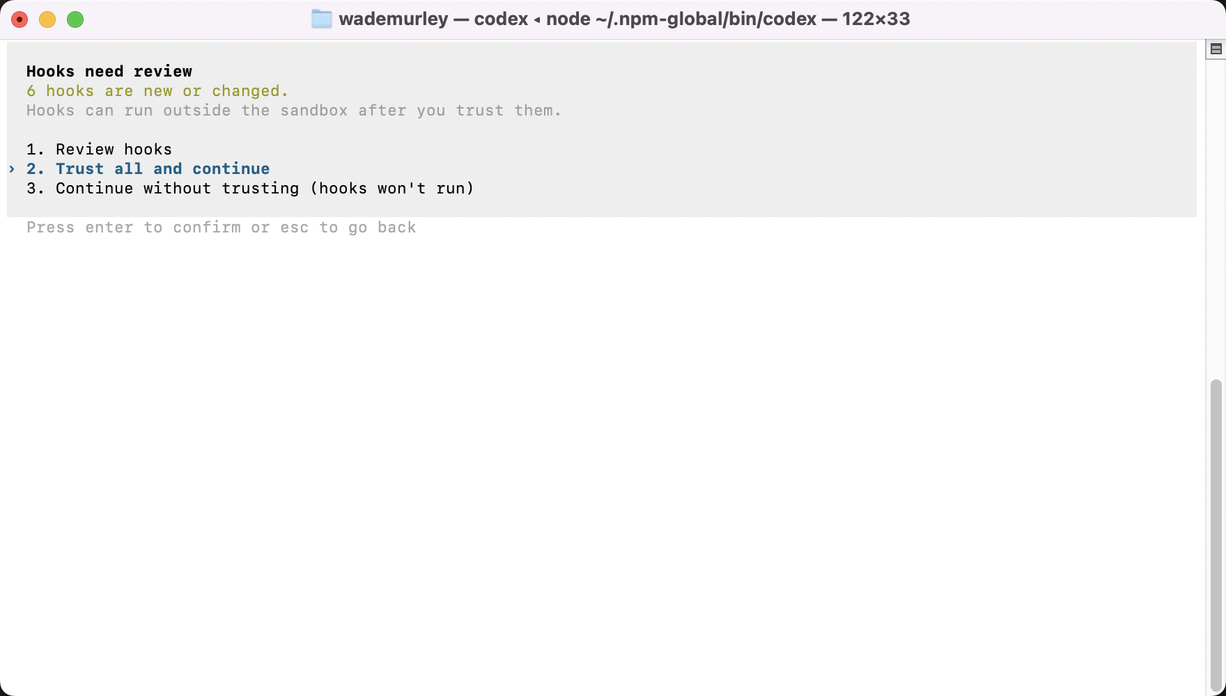 Terminal: `codex` launched in the home folder, the 'Hooks need review' screen with 'Trust all and continue' highlighted.