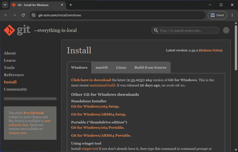 git-scm.com/downloads/win in the browser with the 64-bit installer link, and the installer's first screen. Default choic