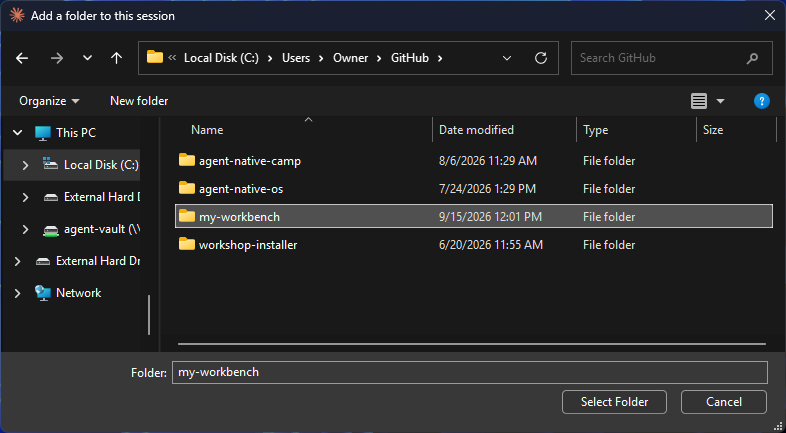 Inside GitHub: `my-workbench` selected, its name in the Folder field, Select Folder enabled.