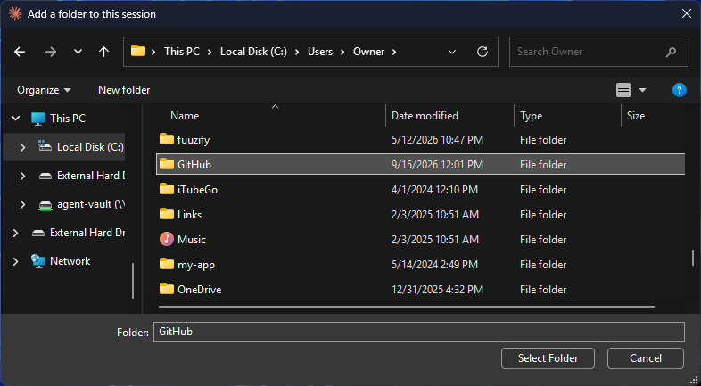 Inside the student's folder: GitHub highlighted (the folder the installer created).