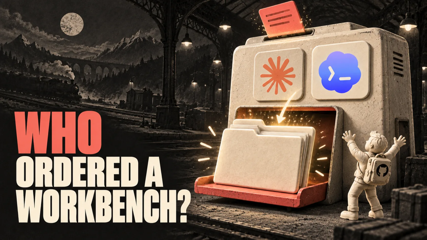 Lesson 3 thumbnail, Choose your fighter: two cream figures carrying the Claude and Codex marks stand on a stage over a folder, a toolbox and a workbench