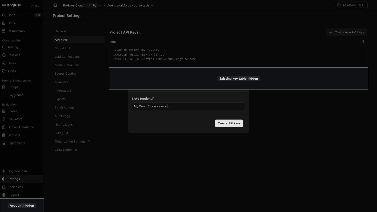 The Create API keys dialog in Langfuse, with the optional note 'My Week 2 course work' and a Create API keys button. No key values are shown.
