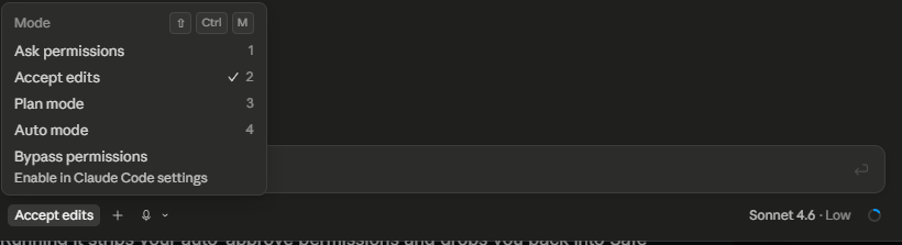 The Claude desktop app Mode menu listing Ask permissions, Accept edits, Plan mode, and Auto mode as numbered choices, with Bypass permissions greyed out and labelled Enable in Claude Code settings.