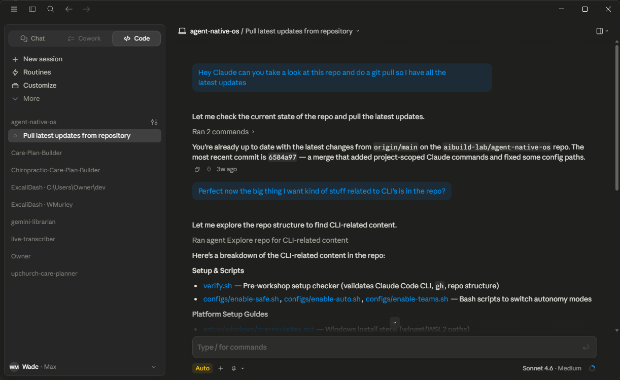 The Claude Desktop app on the Code tab, mid-session in the agent-native-os folder, with prompts and responses about pulling repo updates and listing CLI scripts.