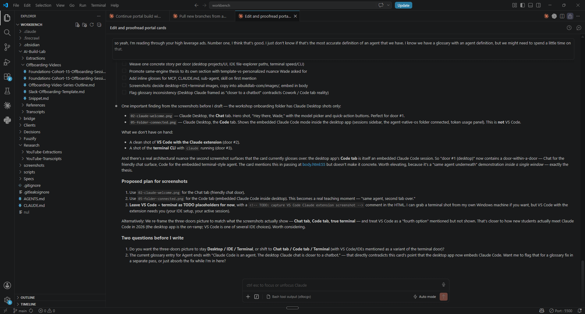 VS Code with the file tree on the left, a document open in the editor, and the Claude sidebar on the right.